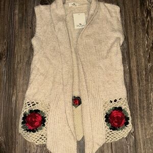 MyEsper Ivory Sleeveless Sweater Cardigan with Floral Crochet Rose Soft Layers